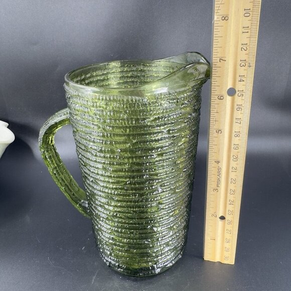 1960s Anchor Hocking Soreno Avocado Green Glass Pitcher Jug Green Textured VTG - Picture 3 of 13